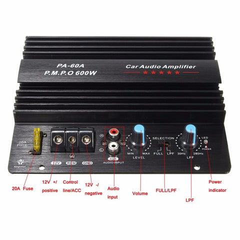 PA-60A 12V Mono 600W High Power Car Audio Amplifier  Fashion Wire Drawing Powerful Bass Subwoofers Amplifier With 20A Fuse