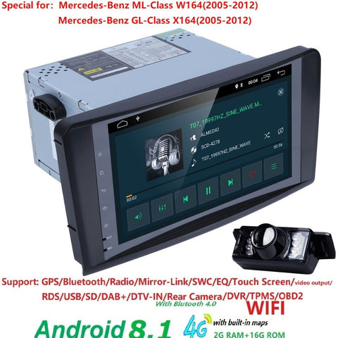 Quad Core A7 2G RAM 16G ROM Android 8.1 Car AutoAudio Radio for Mercedes-Benz ML-Class W164(2005-2012) WIFI EQ Subwoofer DAB BT