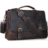 TIDING Crazy Horse Genuine Leather Briefcases 14" Laptop Bag Shoulder Bag Fashion Vintage Handbag Dark Brown 80692