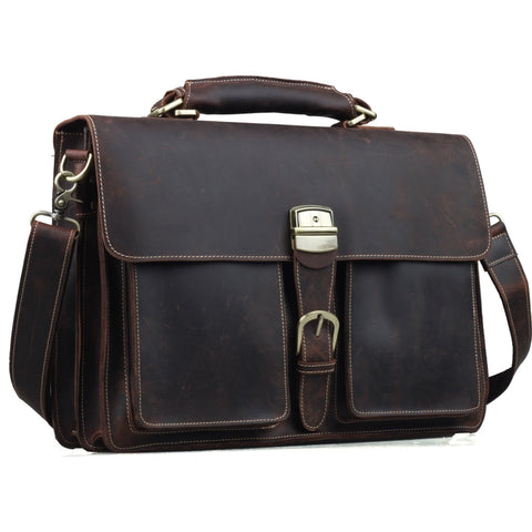 TIDING Mens Brown Genuine Leather 16" Laptop Bags Briefcase Tote Business Office Case 1031